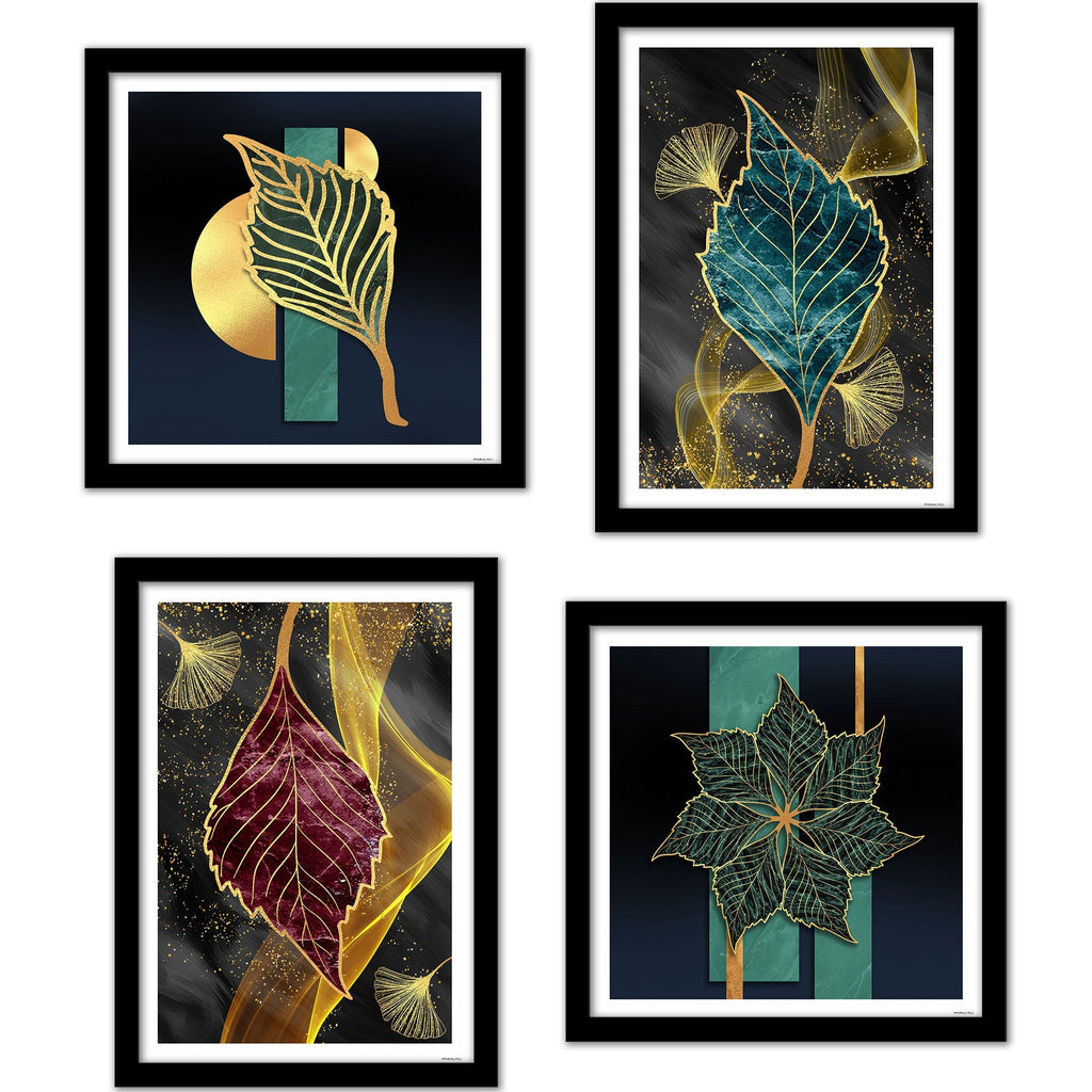Beautiful Shiny Golden Leaves Premium Wall Frame Set of Four