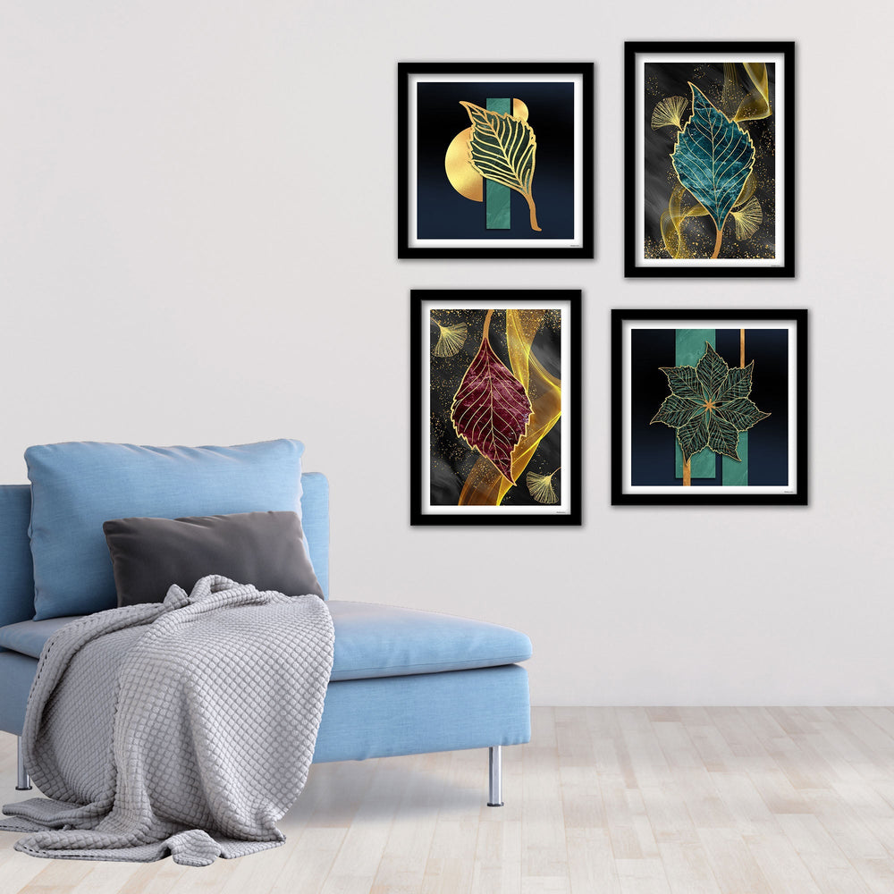 Beautiful Shiny Golden Leaves Premium Wall Frame Set of Four