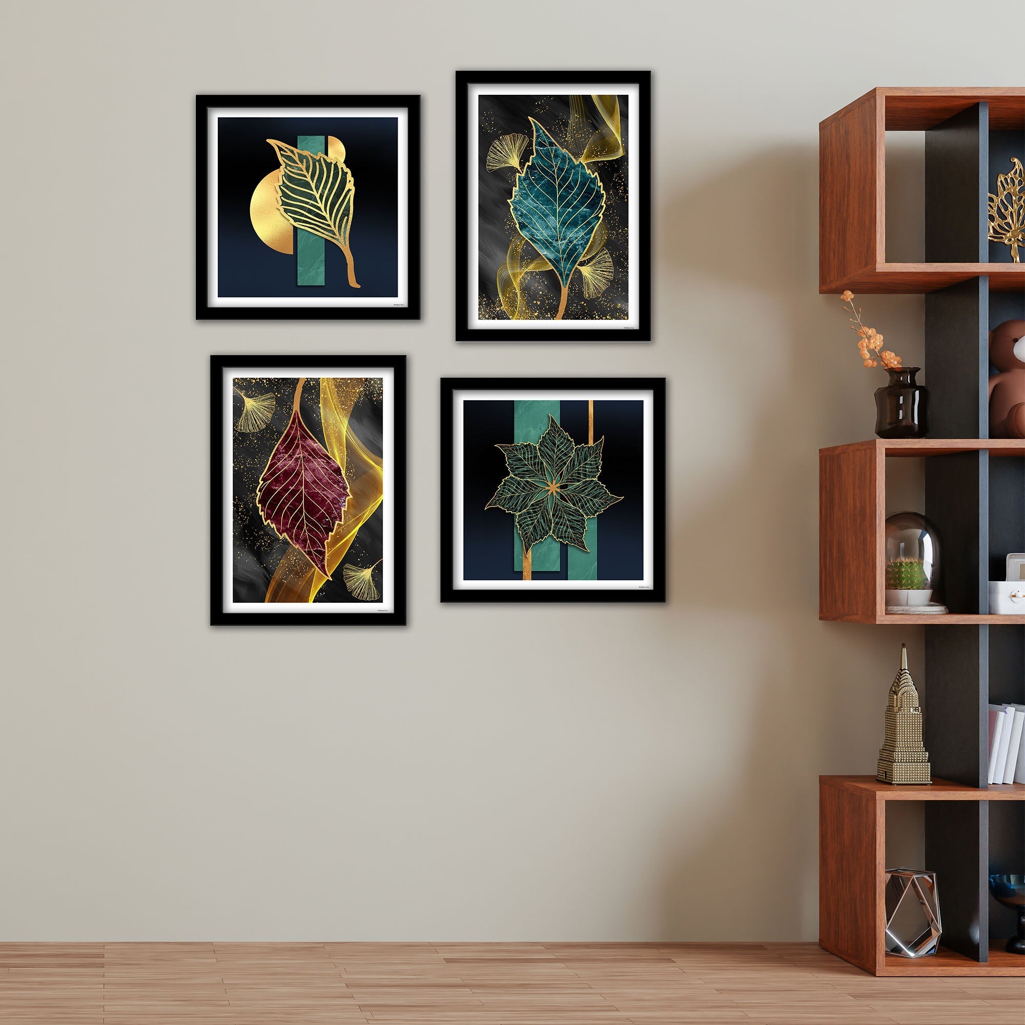 Beautiful Shiny Golden Leaves Premium Wall Frame Set of Four