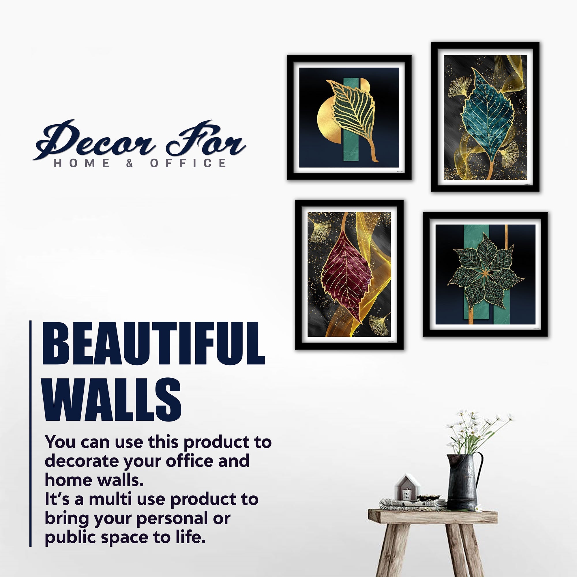 Beautiful Shiny Golden Leaves Premium Wall Frame Set of Four