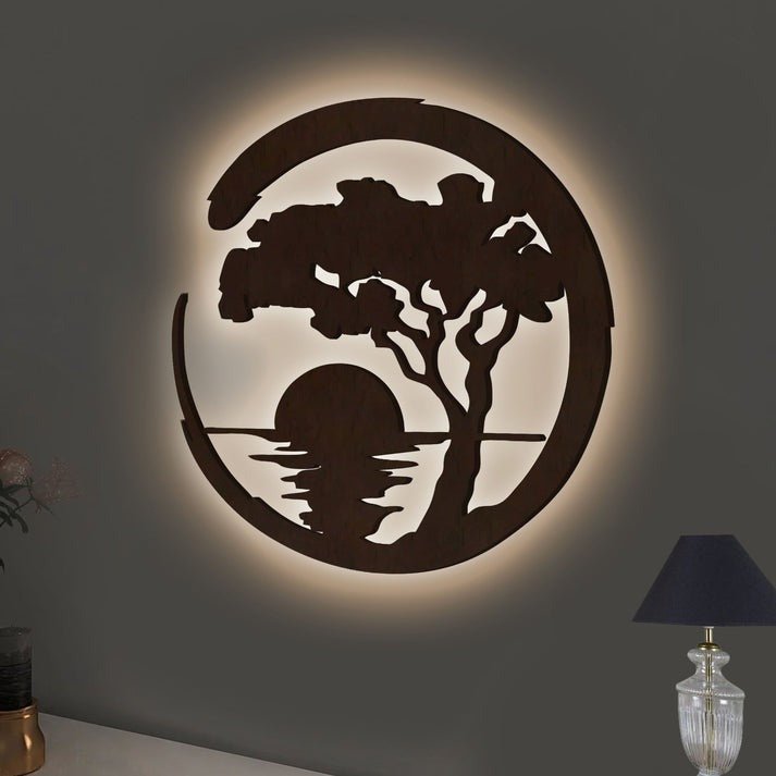 Beautiful Sunset Scenery Backlit Wooden Wall Decor with LED Night Light Walnut Finish - Decor Smart