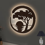 Beautiful Sunset Scenery Backlit Wooden Wall Decor with LED Night Light Walnut Finish - Decor Smart