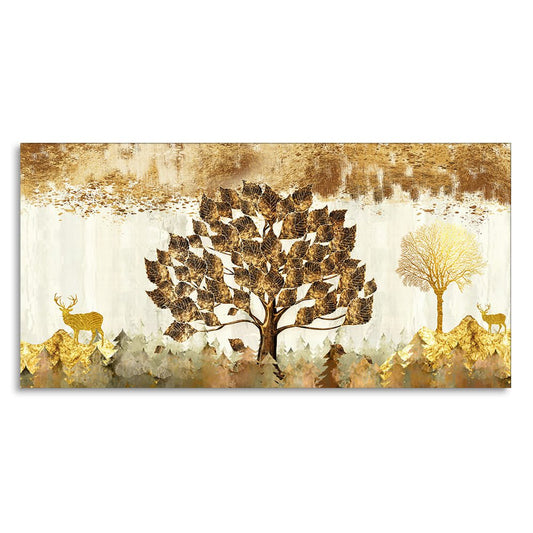 Beautiful Tree and Golden Deer Canvas Wall Painting - Decor Smart