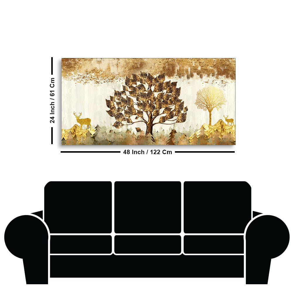 Beautiful Tree and Golden Deer Canvas Wall Painting - Decor Smart