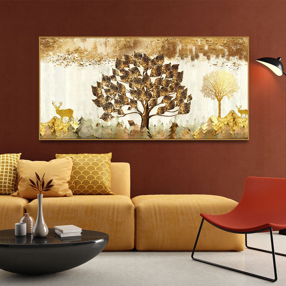 Beautiful Tree and Golden Deer Canvas Wall Painting - Decor Smart