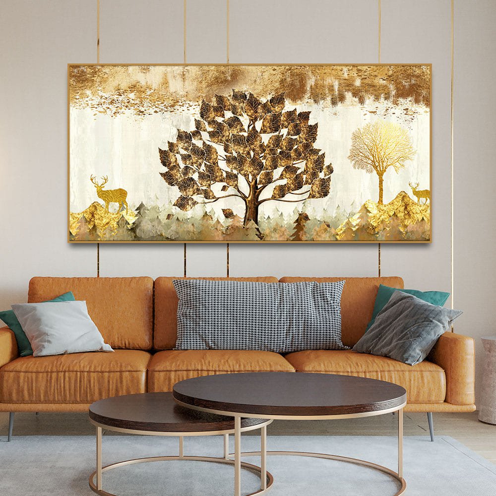 Beautiful Tree and Golden Deer Canvas Wall Painting - Decor Smart