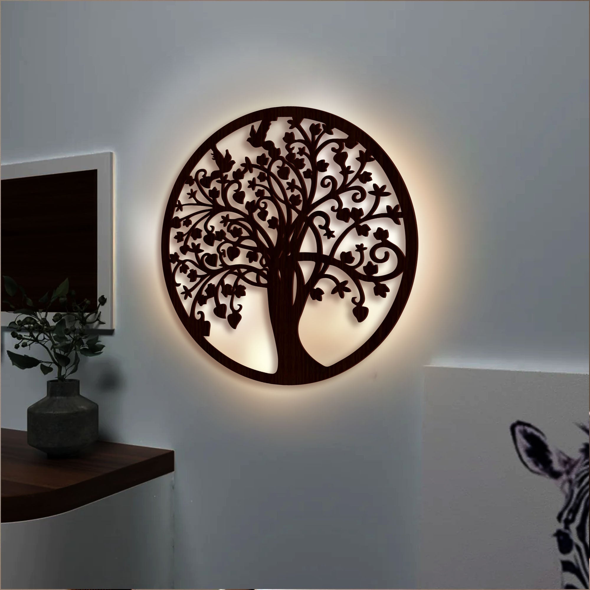 Beautiful Tree of life Round Backlit Wooden Wall Hanging with LED Night Light Walnut Finish - Decor Smart