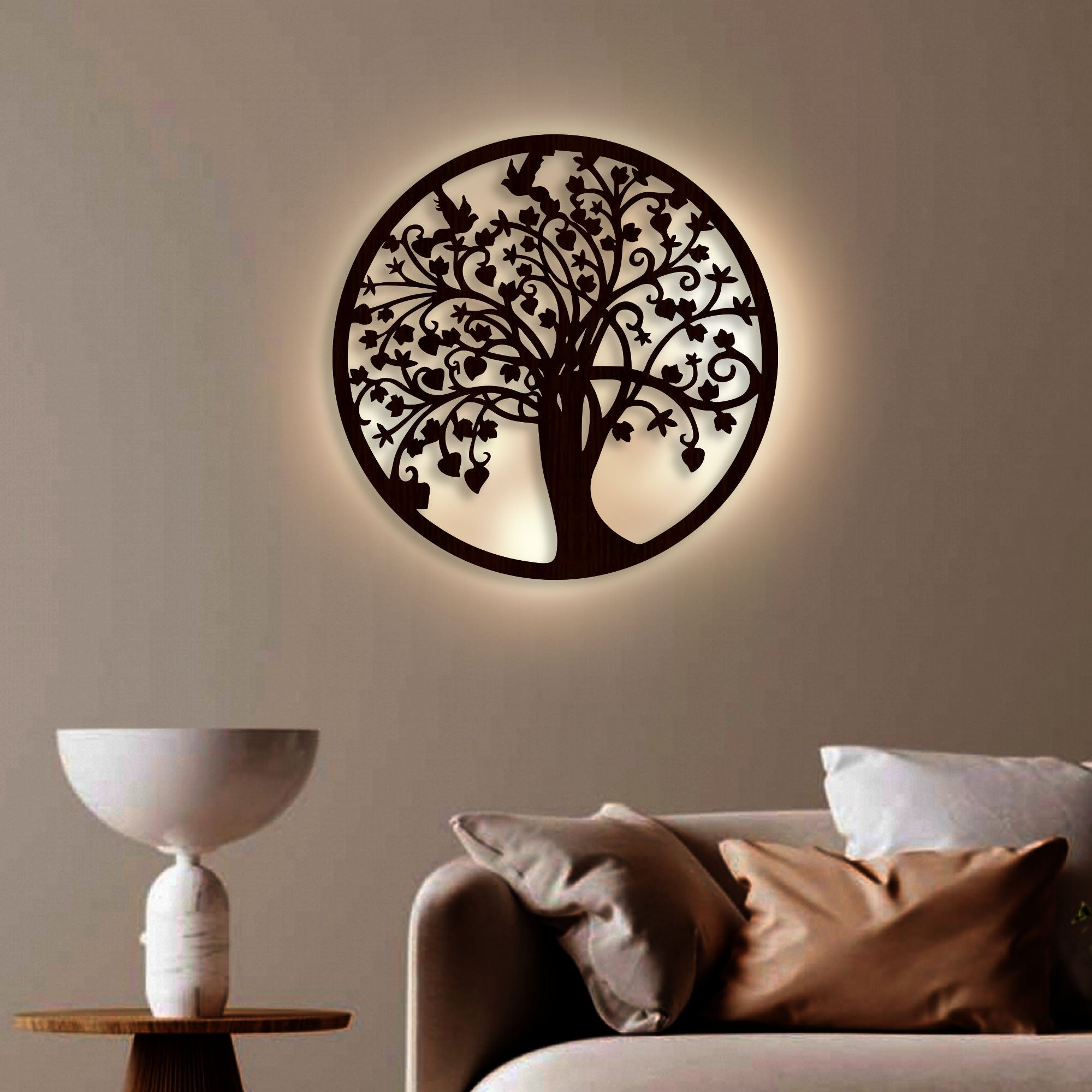 Beautiful Tree of life Round Backlit Wooden Wall Hanging with LED Night Light Walnut Finish - Decor Smart