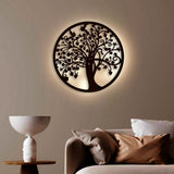 Beautiful Tree of life Round Backlit Wooden Wall Hanging with LED Night Light Walnut Finish - Decor Smart