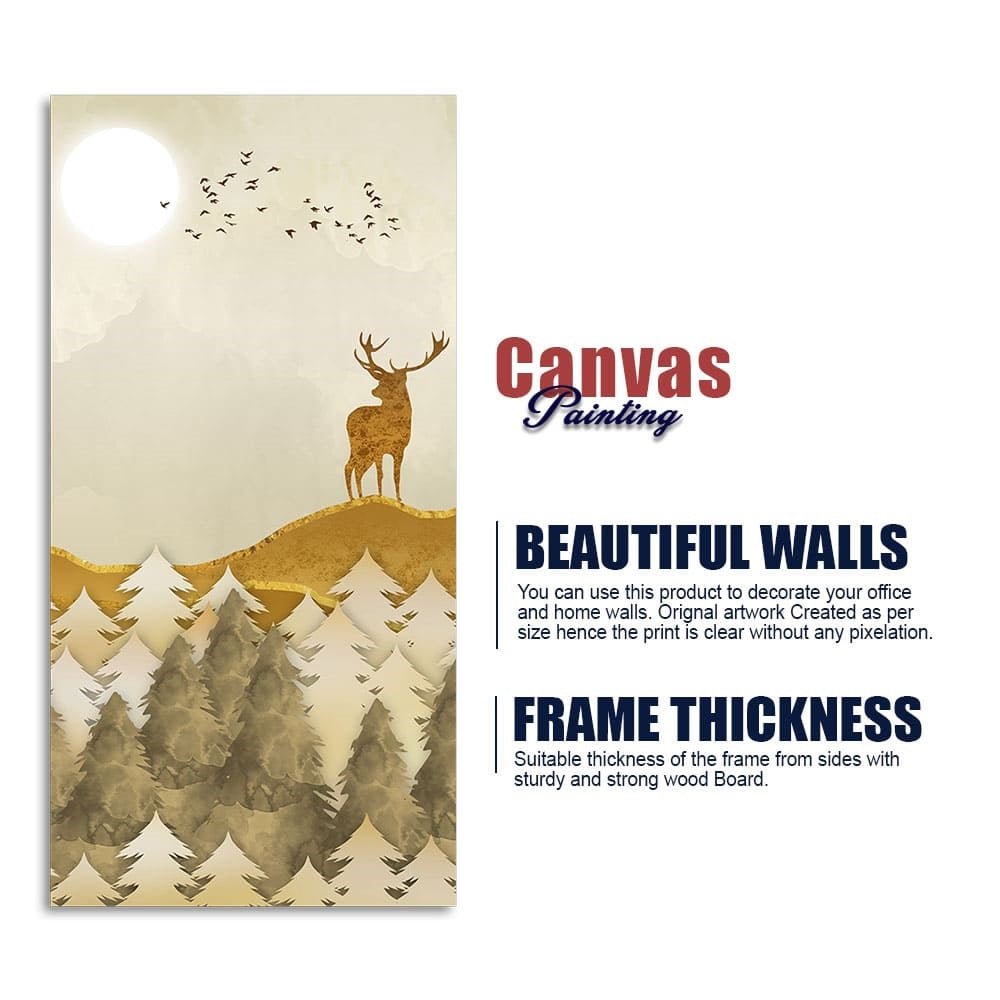 Beautiful Trees with Golden Deers Premium Canvas Wall Painting - Decor Smart