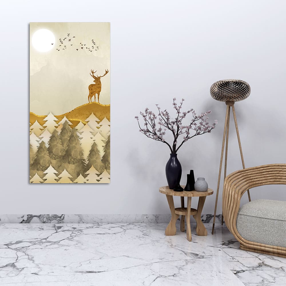 Beautiful Trees with Golden Deers Premium Canvas Wall Painting - Decor Smart