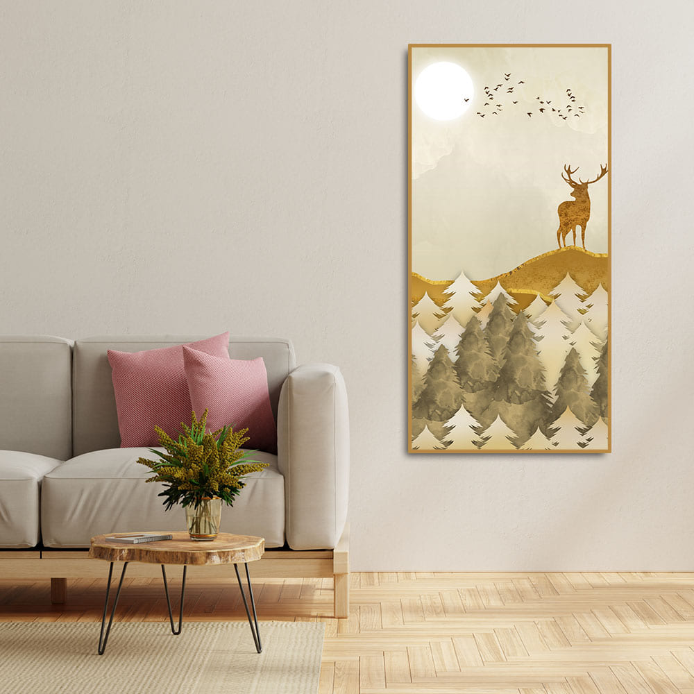 Beautiful Trees with Golden Deers Premium Canvas Wall Painting - Decor Smart