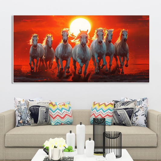 Beautiful View of 7 Running Horses at Sunset Premium Canvas Wall Painting - Decor Smart