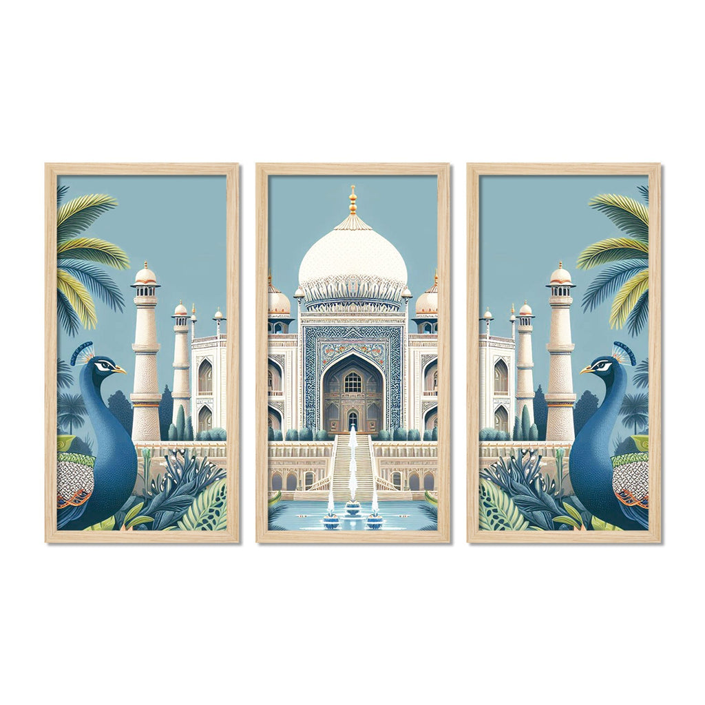 Beautiful View of Taj Mahal Classic Art Wooden Wall Frame Set of Three