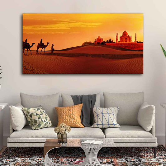 Beautiful Wall Painting of Camel Caravan Heading to Taj Mahal - Decor Smart