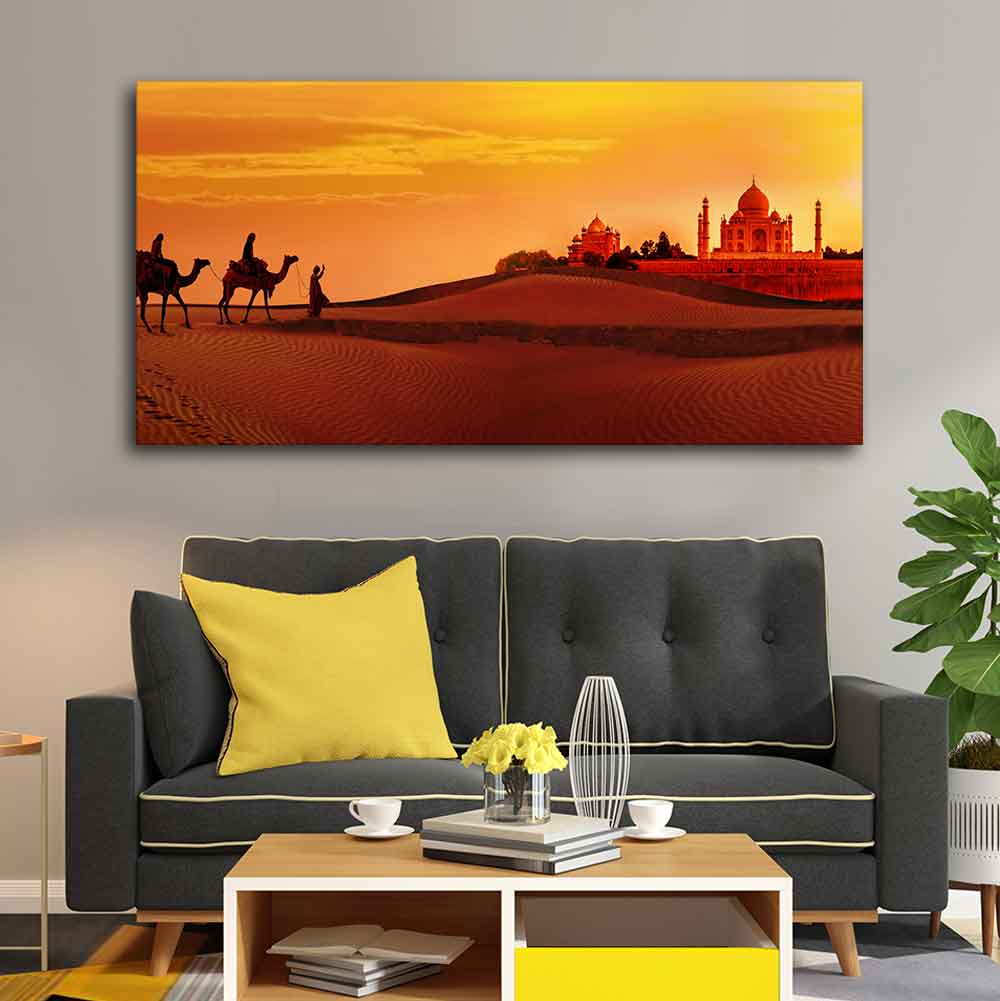 Beautiful Wall Painting of Camel Caravan Heading to Taj Mahal - Decor Smart
