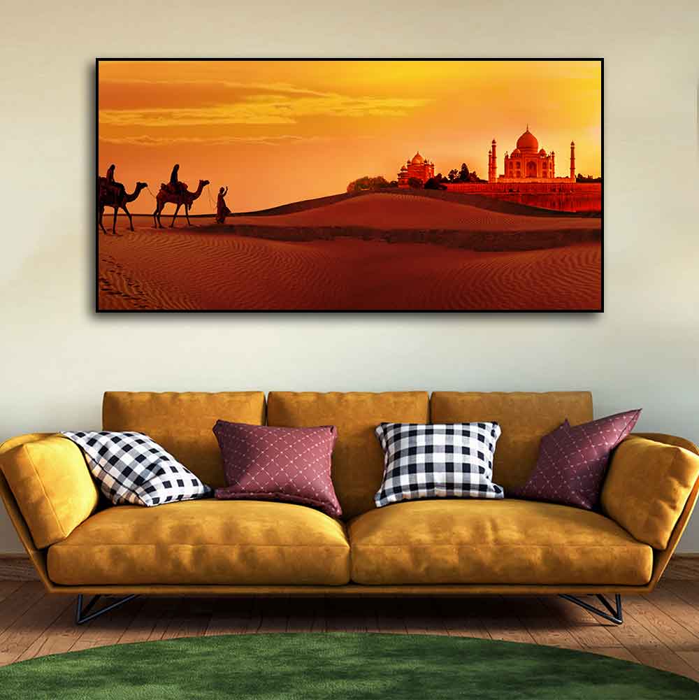 Beautiful Wall Painting of Camel Caravan Heading to Taj Mahal - Decor Smart