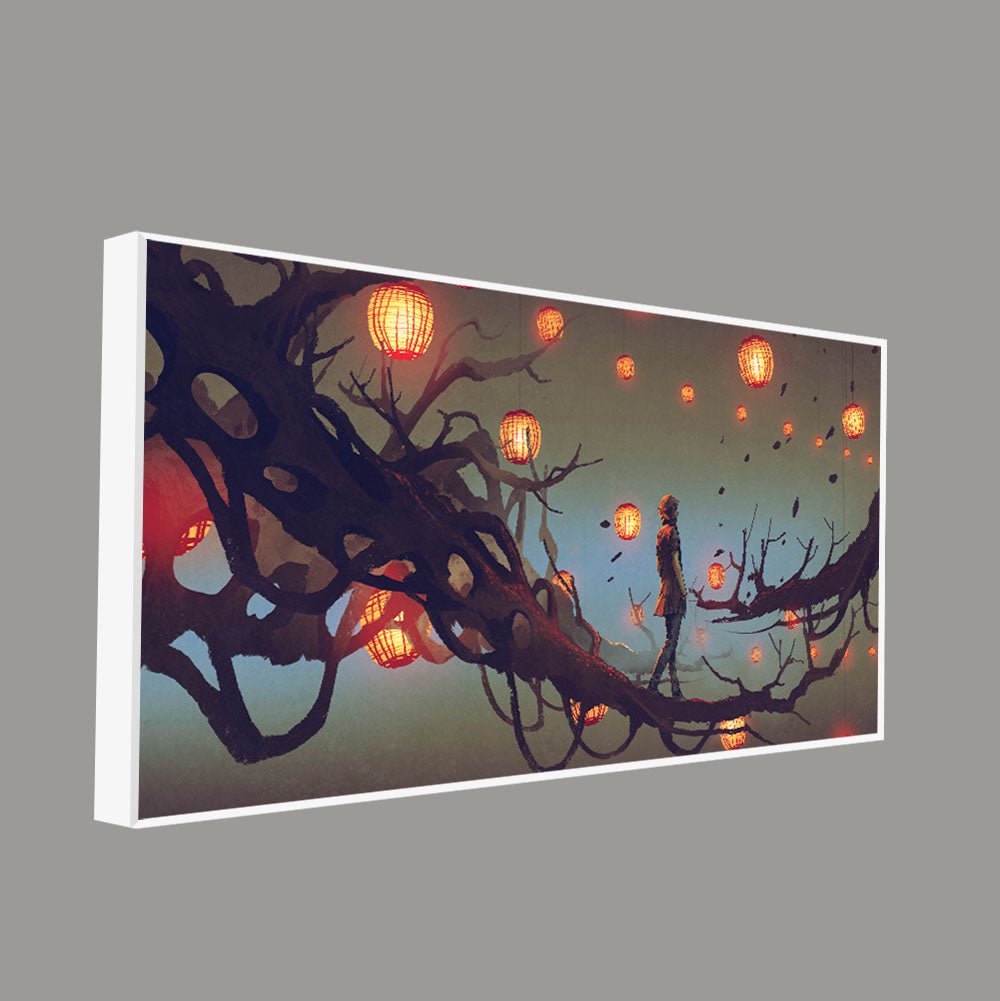 Beautiful Wall Painting of Man Walking on Tree with many Lanterns Background - Decor Smart