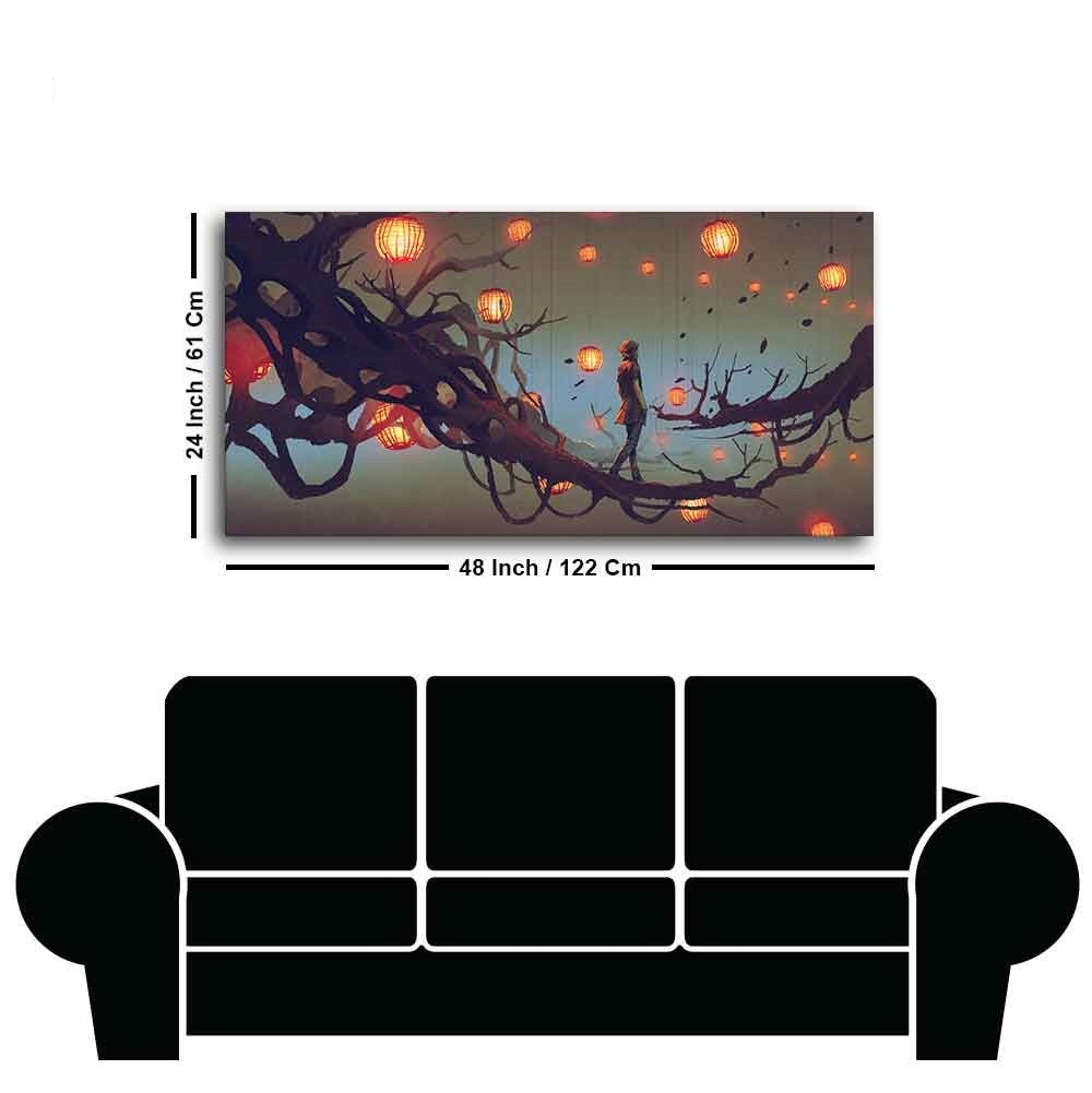 Beautiful Wall Painting of Man Walking on Tree with many Lanterns Background - Decor Smart