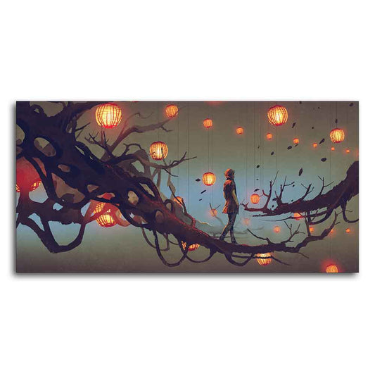 Beautiful Wall Painting of Man Walking on Tree with many Lanterns Background - Decor Smart