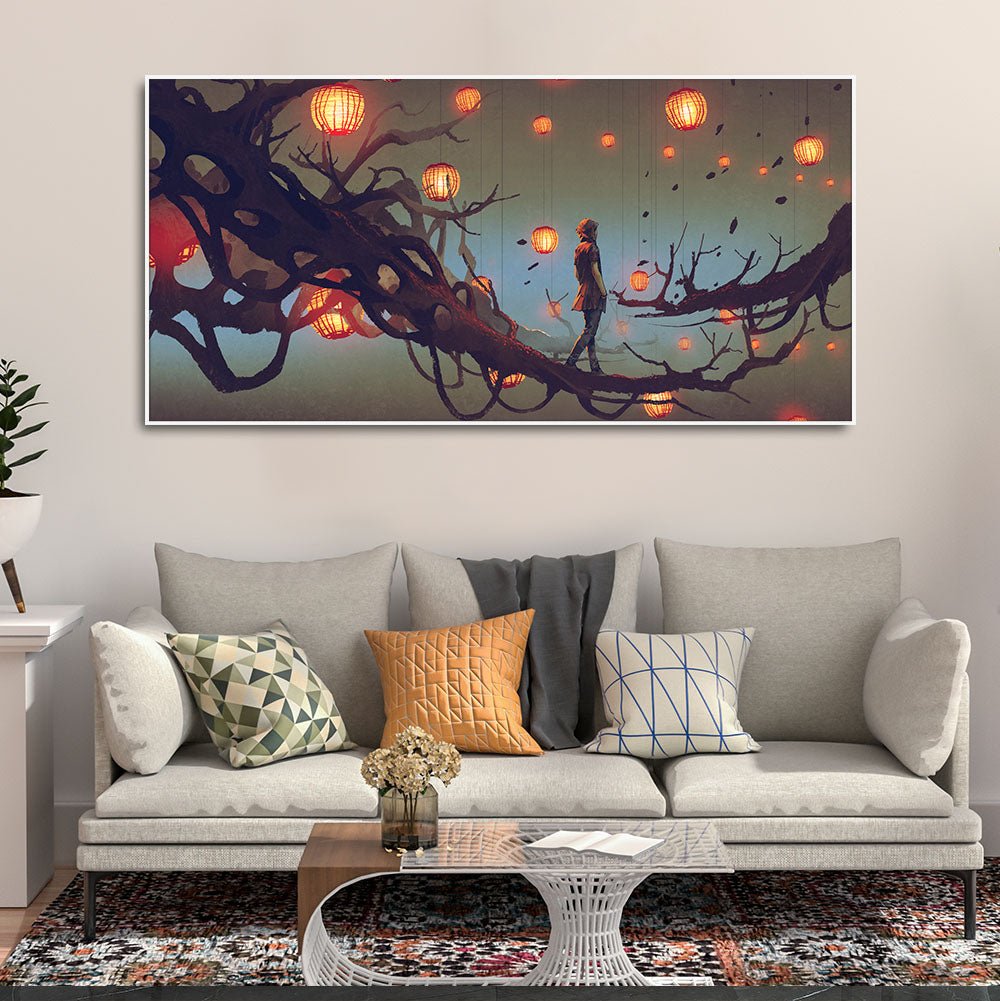 Beautiful Wall Painting of Man Walking on Tree with many Lanterns Background - Decor Smart