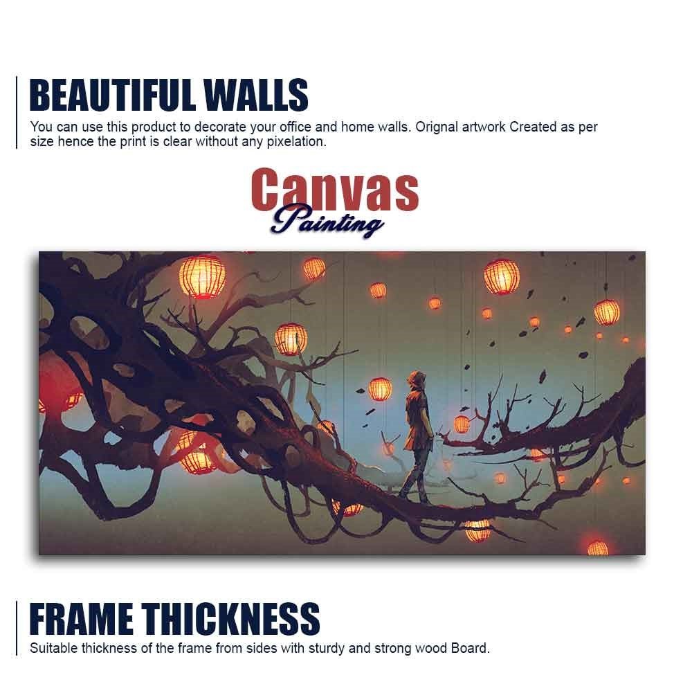Beautiful Wall Painting of Man Walking on Tree with many Lanterns Background - Decor Smart