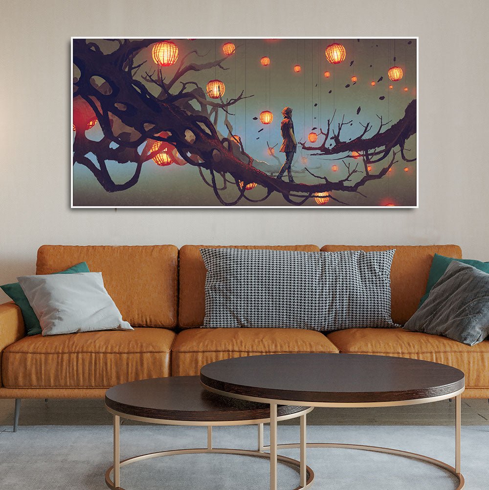 Beautiful Wall Painting of Man Walking on Tree with many Lanterns Background - Decor Smart