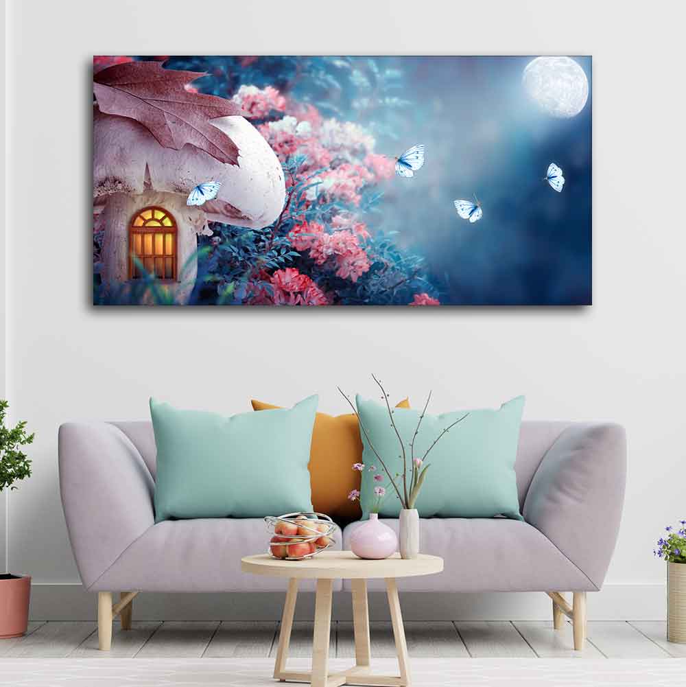 Beautiful Wall Painting of Mushroom House in Enchanted Fairy Tale Forest - Decor Smart