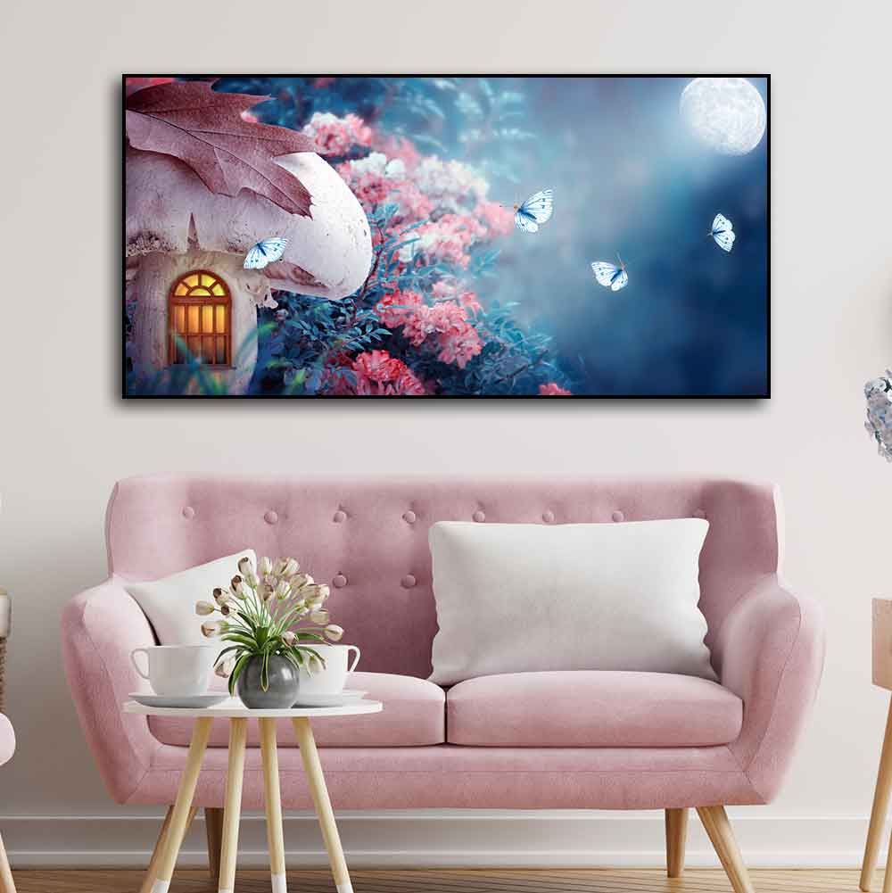 Beautiful Wall Painting of Mushroom House in Enchanted Fairy Tale Forest - Decor Smart