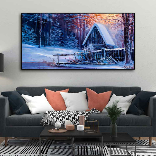 Beautiful Wall Painting of Old Hut in the Winter Forest - Decor Smart