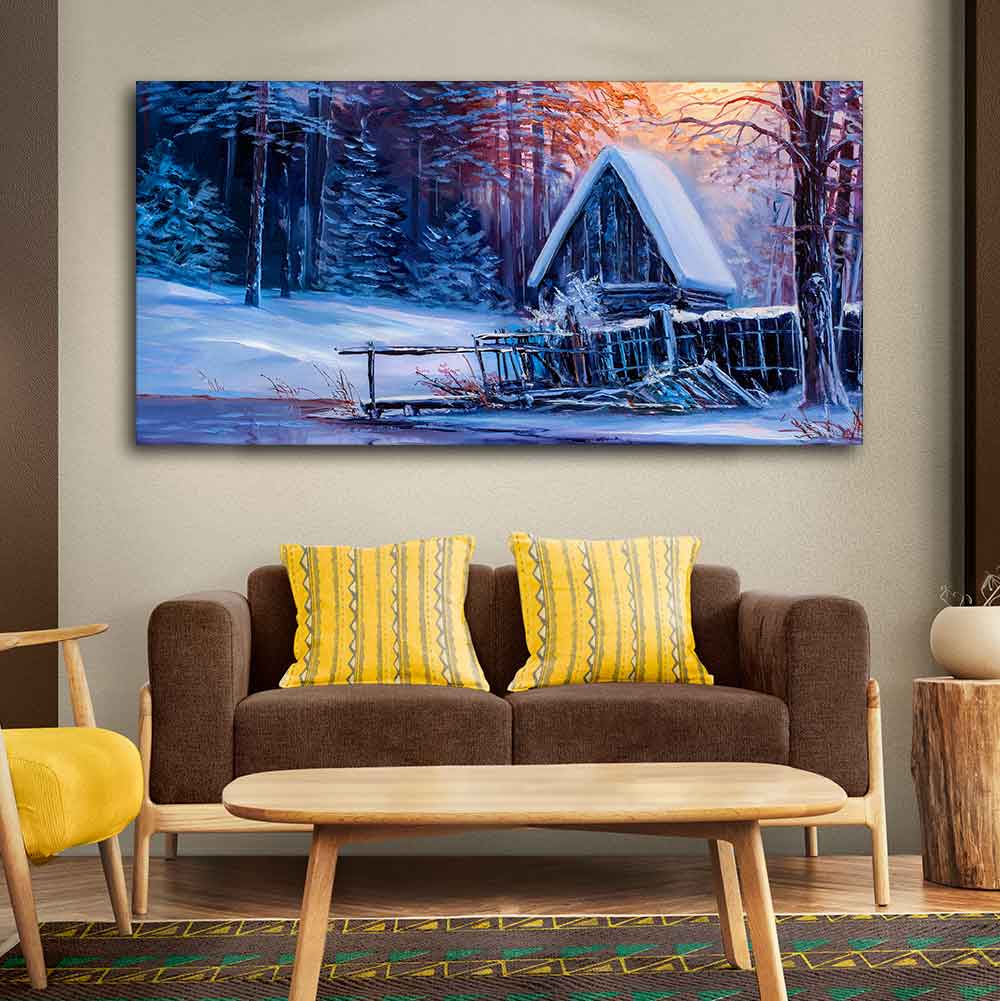 Beautiful Wall Painting of Old Hut in the Winter Forest - Decor Smart