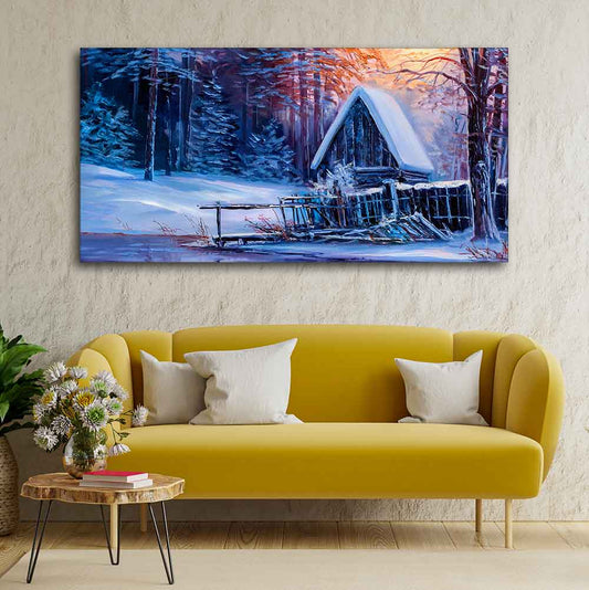 Beautiful Wall Painting of Old Hut in the Winter Forest - Decor Smart