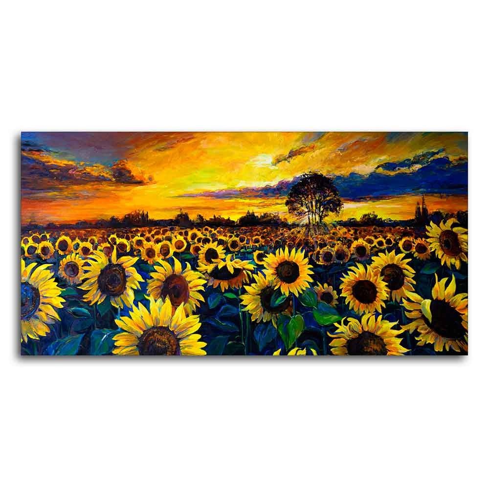 Beautiful Wall Painting of Sunflower Garden in Sunset View - Decor Smart
