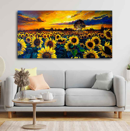 Beautiful Wall Painting of Sunflower Garden in Sunset View - Decor Smart