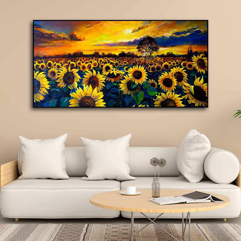 Beautiful Wall Painting of Sunflower Garden in Sunset View - Decor Smart