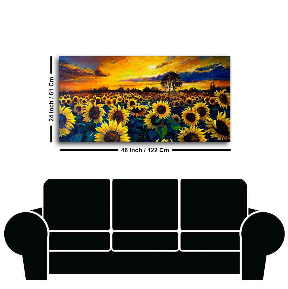 Beautiful Wall Painting of Sunflower Garden in Sunset View - Decor Smart