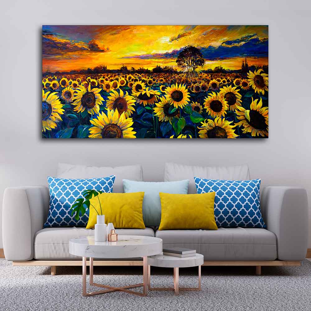 Beautiful Wall Painting of Sunflower Garden in Sunset View - Decor Smart