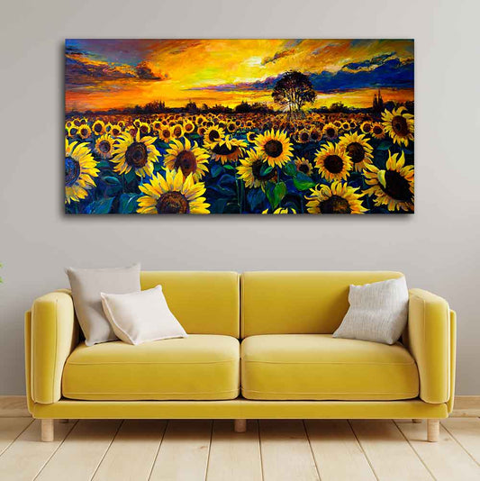Beautiful Wall Painting of Sunflower Garden in Sunset View - Decor Smart