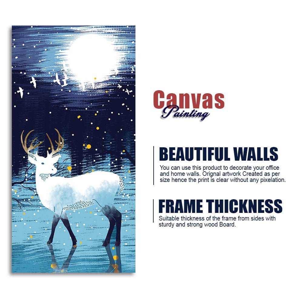 Beautiful White Deer in Full Moon Night Premium Canvas Wall Painting - Decor Smart