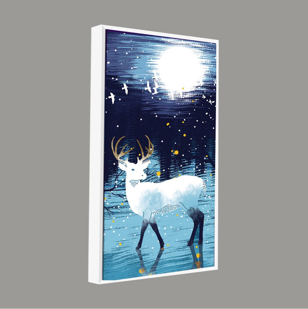 Beautiful White Deer in Full Moon Night Premium Canvas Wall Painting - Decor Smart