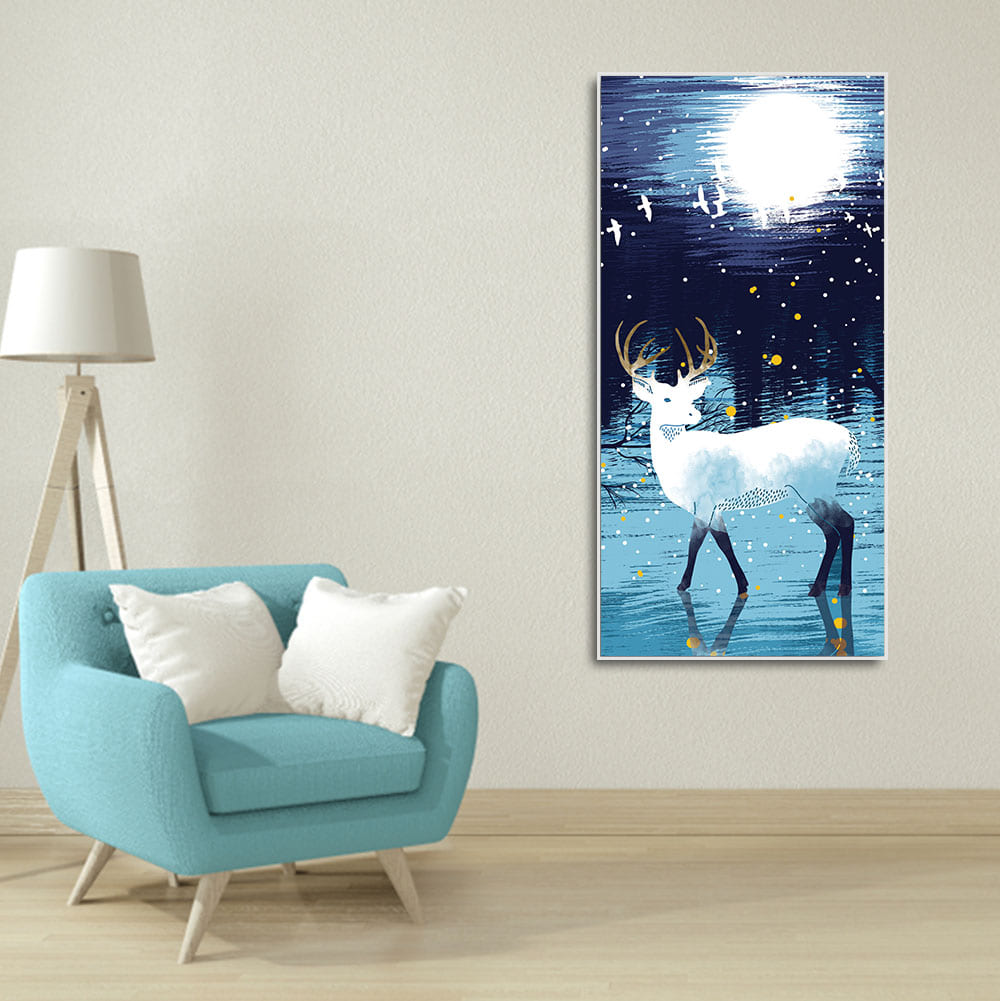 Beautiful White Deer in Full Moon Night Premium Canvas Wall Painting - Decor Smart