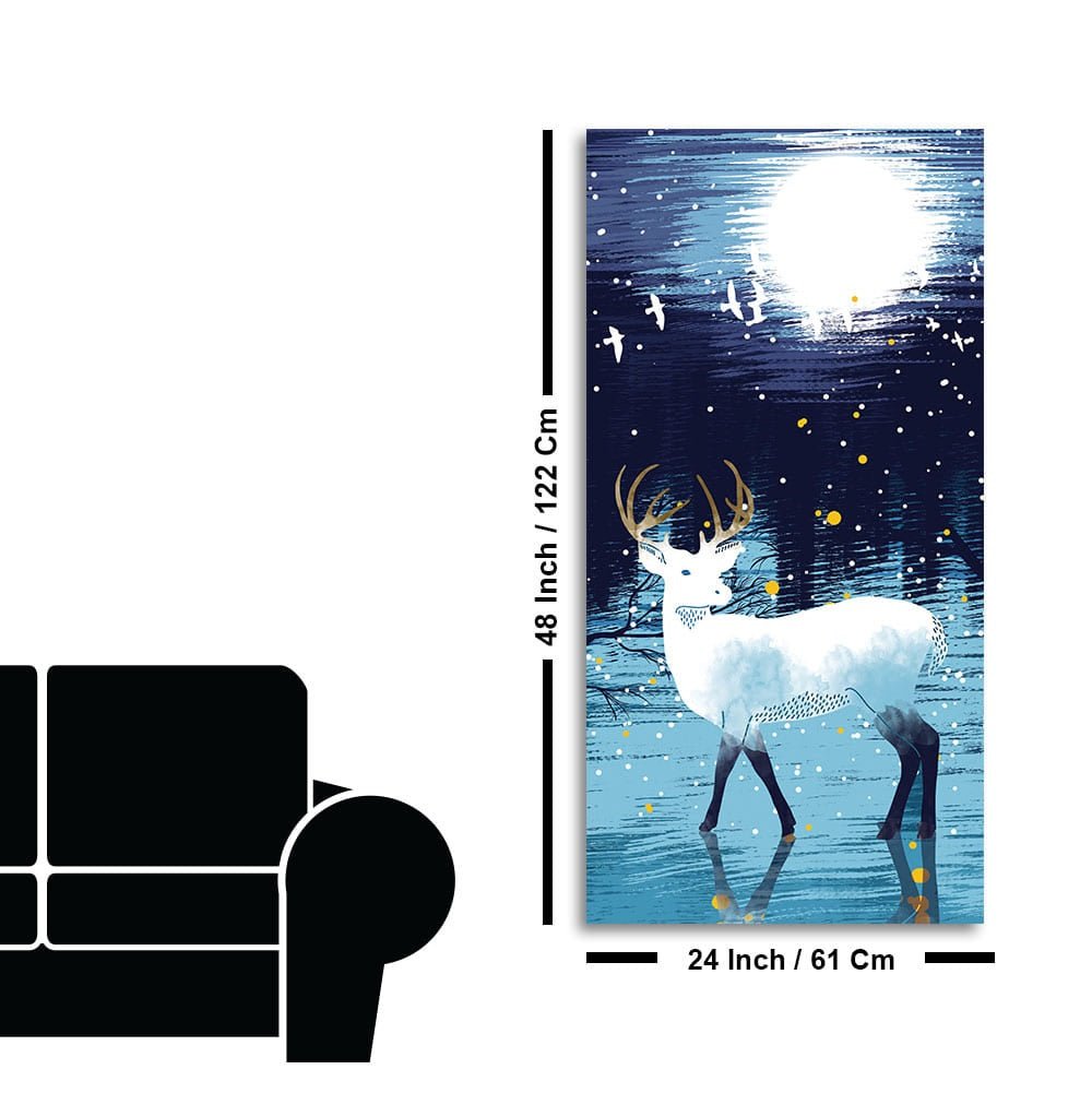 Beautiful White Deer in Full Moon Night Premium Canvas Wall Painting - Decor Smart