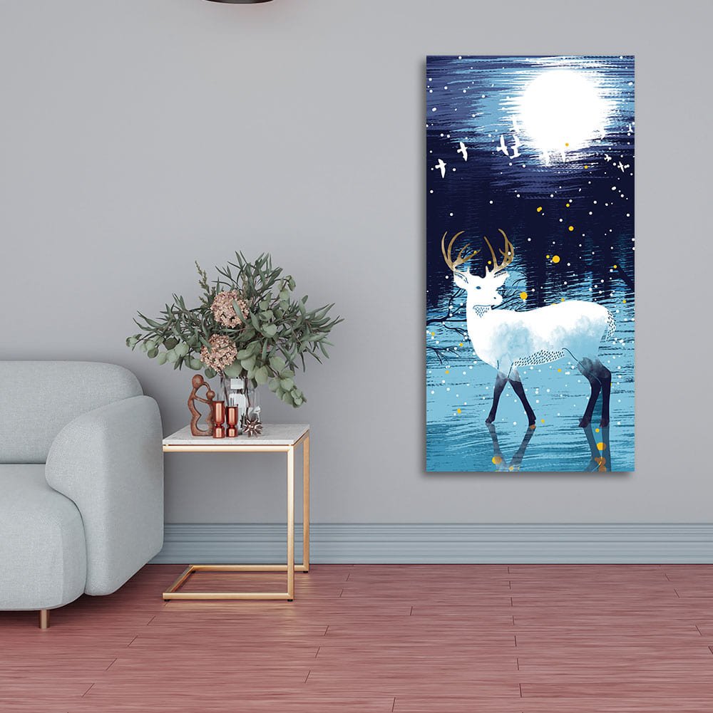Beautiful White Deer in Full Moon Night Premium Canvas Wall Painting - Decor Smart