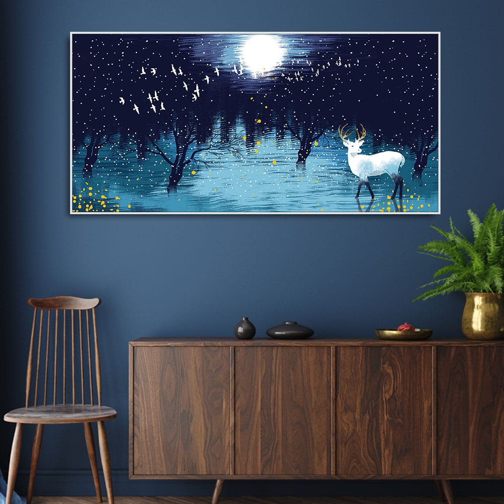 White Deer in Full Moon Night Premium Wall Painting - Decor Smart