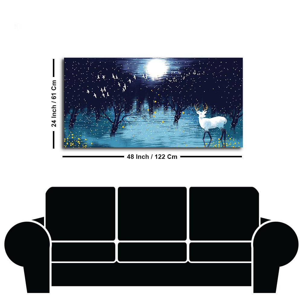 White Deer in Full Moon Night Premium Wall Painting - Decor Smart