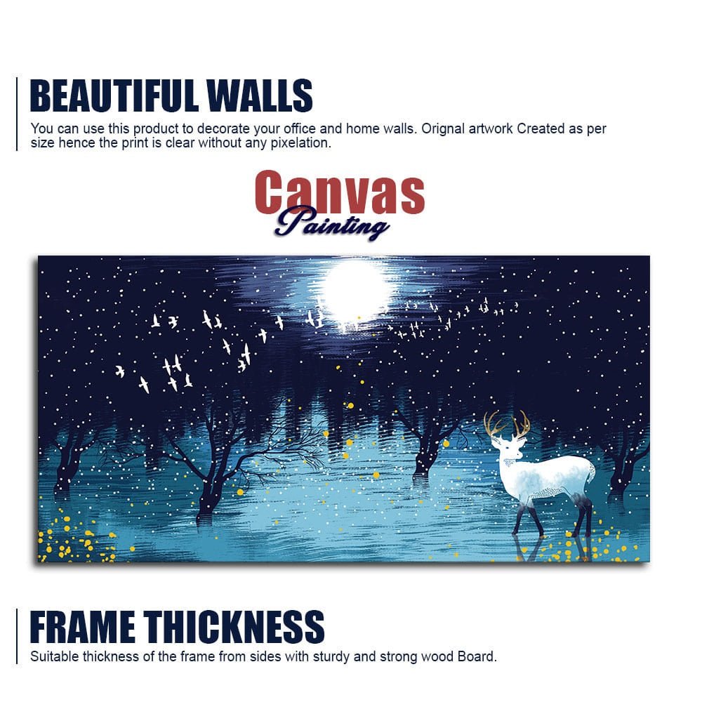 White Deer in Full Moon Night Premium Wall Painting - Decor Smart