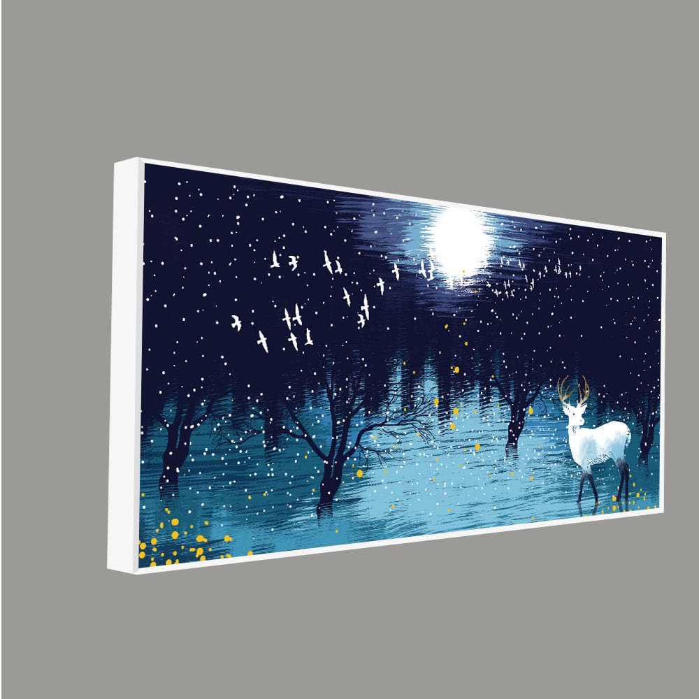 White Deer in Full Moon Night Premium Wall Painting - Decor Smart