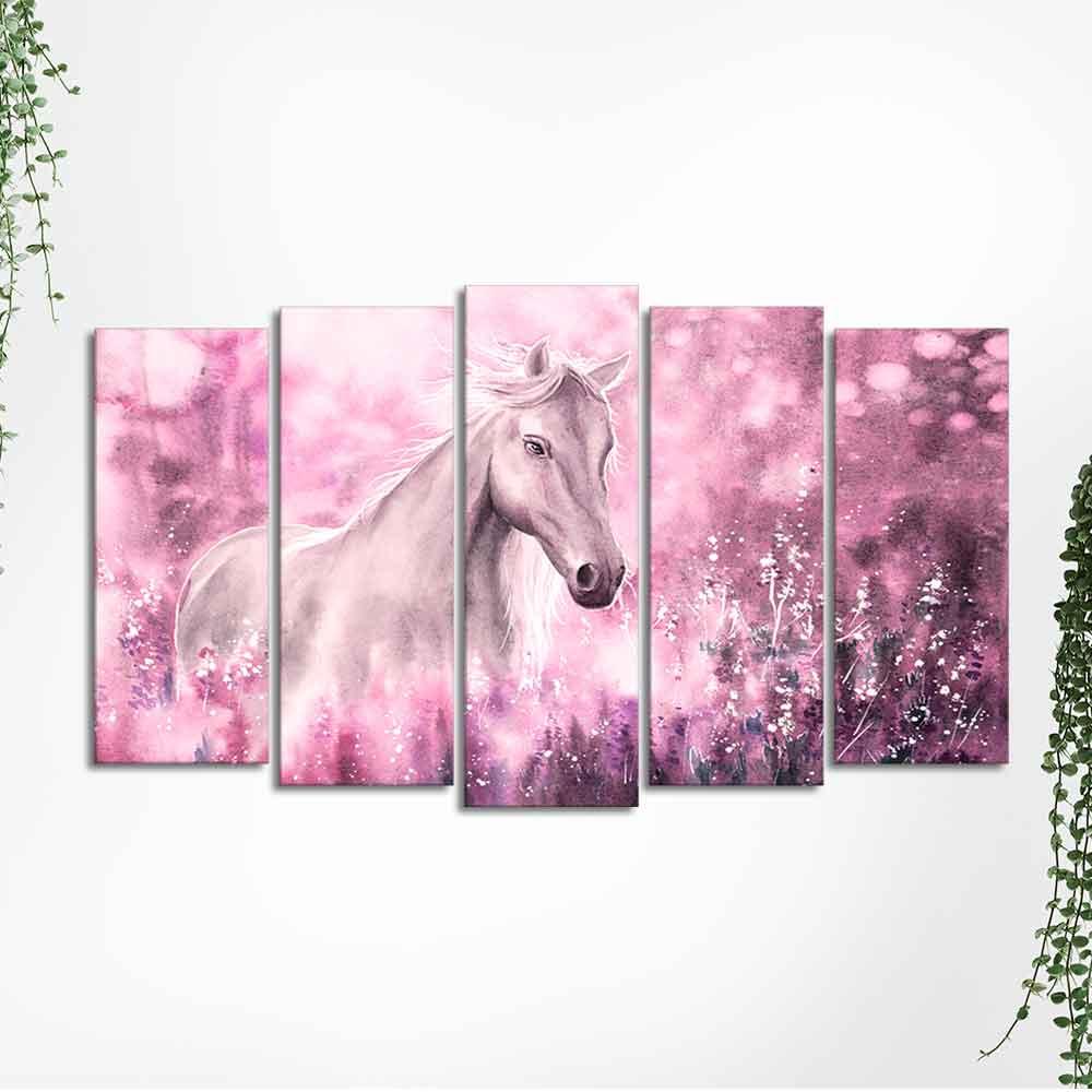Beautiful White Horse Premium Wall Painting of Five Pieces - Decor Smart