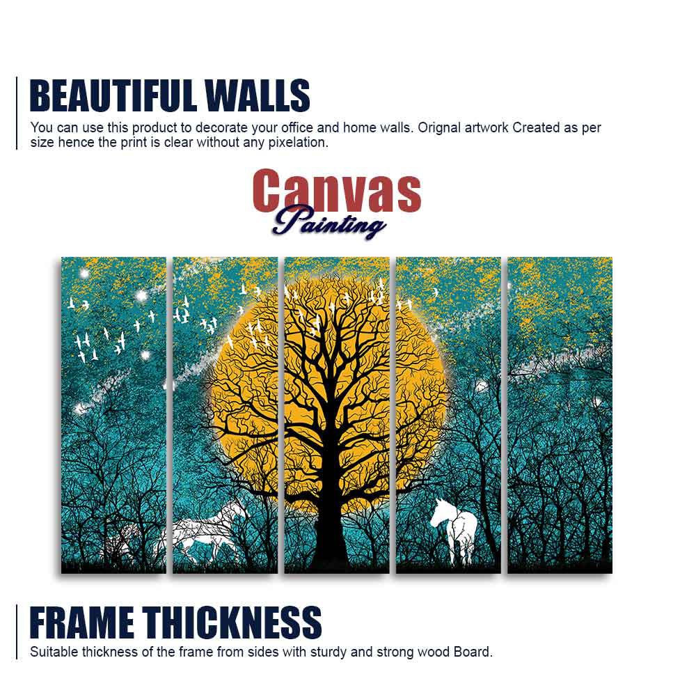 Beautiful White Horses in Forest Premium Wall Painting of Five Pieces - Decor Smart