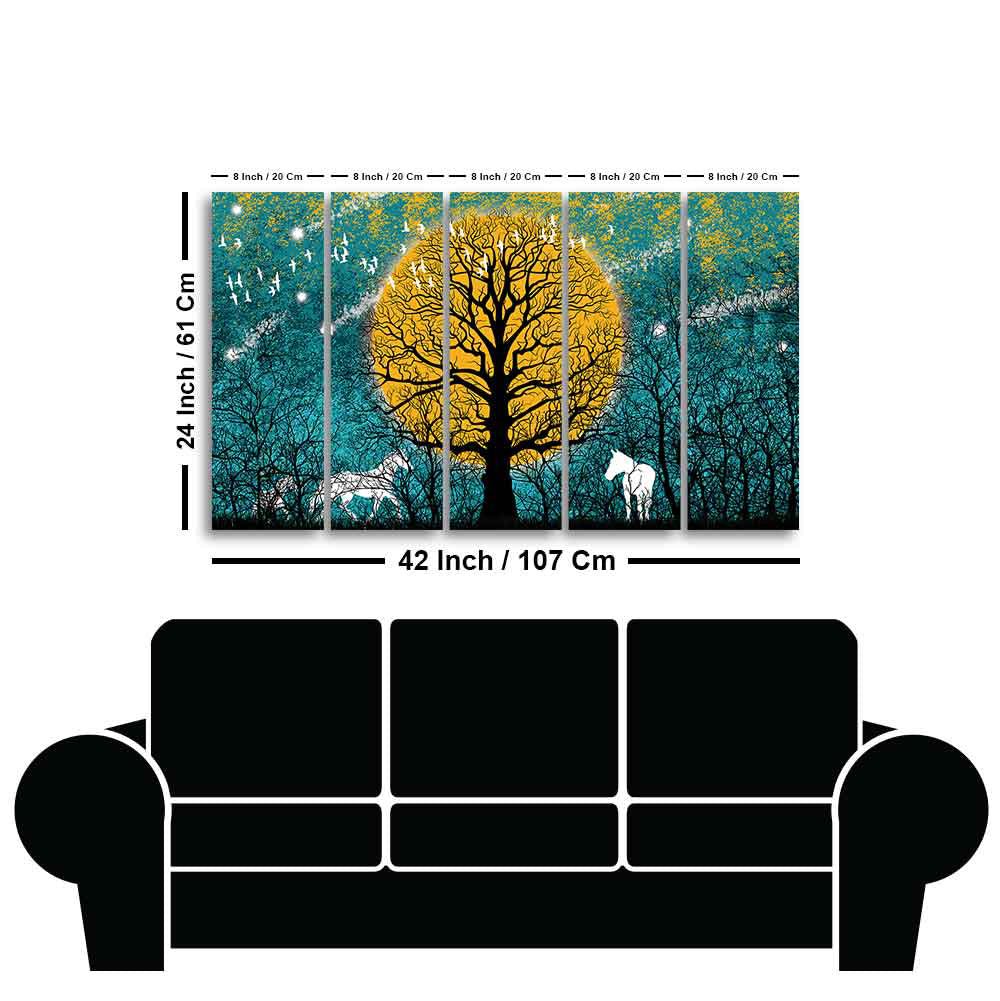 Beautiful White Horses in Forest Premium Wall Painting of Five Pieces - Decor Smart